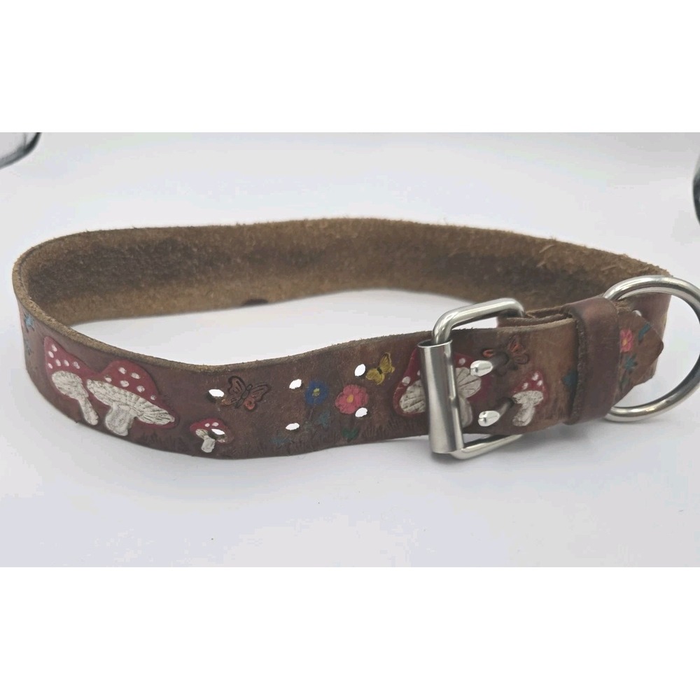 Heavily Worn XL Dog Collar Leather Mushroom Butterfly Flower